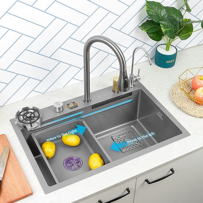 Kitchen Sink 304 Stainless Steel Large Single Slot With Multifunction Touch Waterfall Faucet For