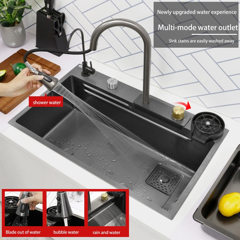 New Black Nanometer 304 Stainless Steel Waterfall Kitchen Sink 3Mm Thickness Large Single Slot