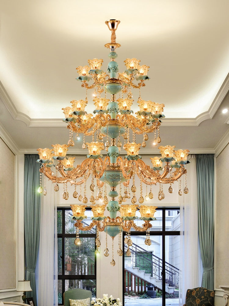 European - Style Duplex Building Chandelier Crystal Lamp Living Room Hotel Ceramic Three - Story