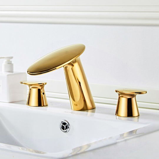 Basin Mixer Waterfll Faucet Bathroom Sink Faucets Brushed Gold Brass 3 Holes Double Handle