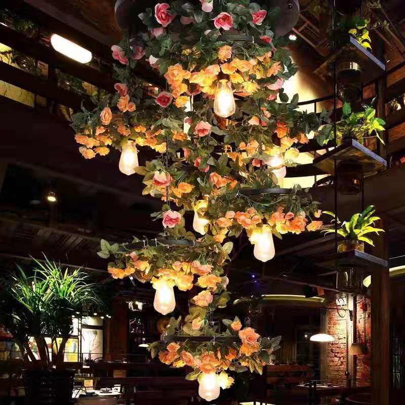 Music Restaurant Bar Atmosphere Flower Chandelier Front Green Plant Wheel Pendant Light Shop Art