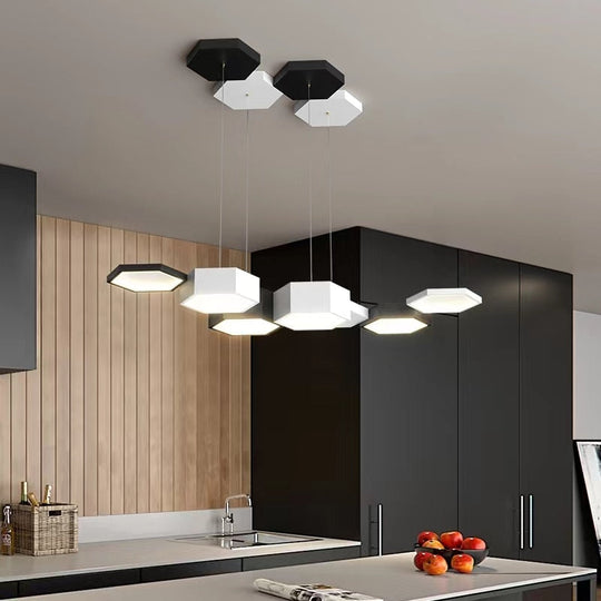 Modern Black White Pendant Lamp Geometric Polygon Led Chandelier Dining Table Living Room Bar