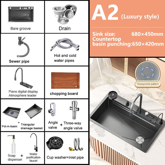 Stainless Steel Waterfall Kitchen Sink Digital Display Embossed Large Single - Slot Multifunctional