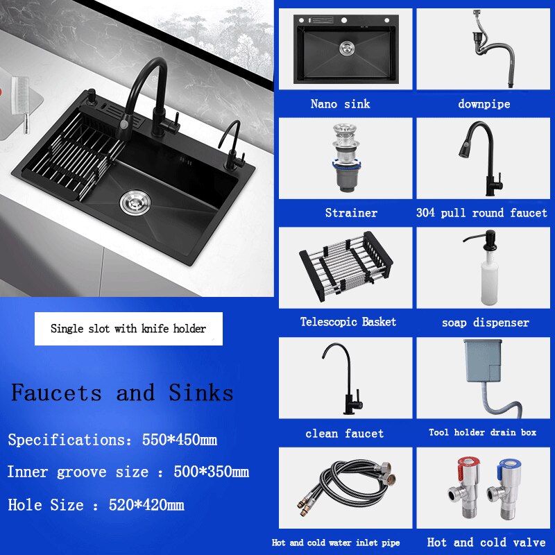 Black Stainless Steel Single Bowl Kitchen Sink Undermount Dishwasher 55X45 Sink