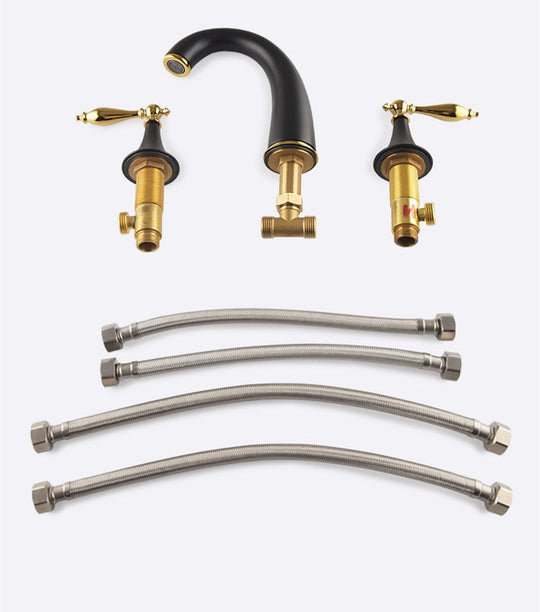 New Basin Faucet Bathroom Widespread Three Holes 8 Inch Brass Water Mixer Tap Gold Black Water Sink