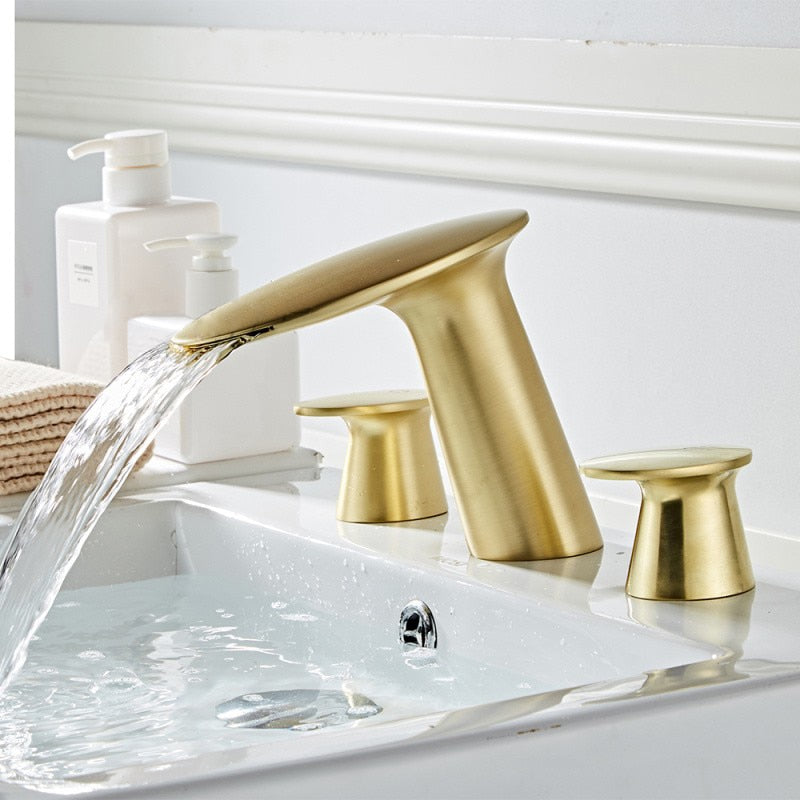 Basin Mixer Waterfll Faucet Bathroom Sink Faucets Brushed Gold Brass 3 Holes Double Handle