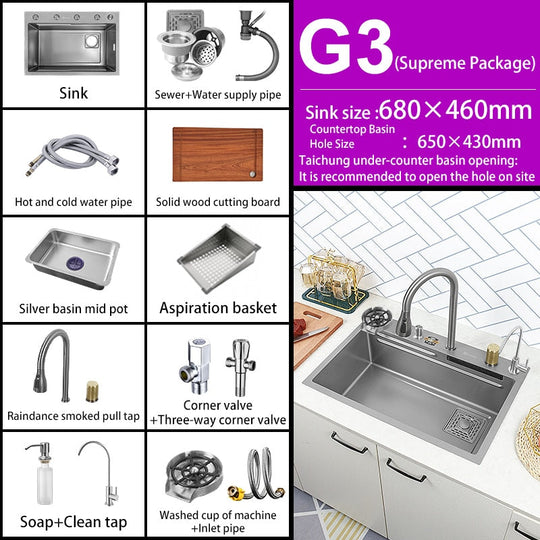 Kitchen Sink 304 Stainless Steel Large Single Slot With Multifunction Touch Waterfall Faucet For