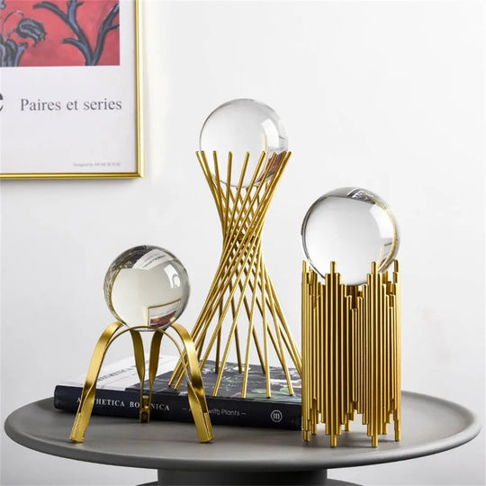 Abstract Shape Crystal Ball Craft Ornament Golden Iron Art Statue Luxury Figurine Decor Glass