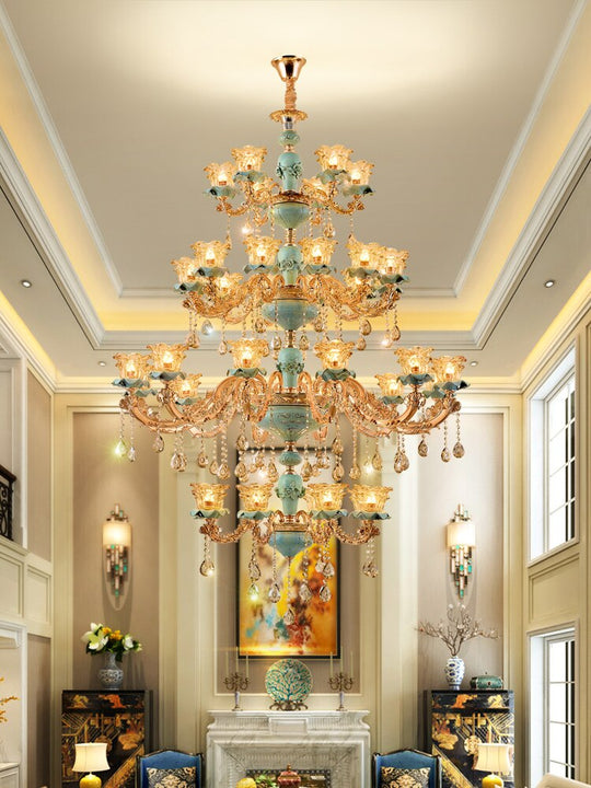European - Style Duplex Building Chandelier Crystal Lamp Living Room Hotel Ceramic Three - Story