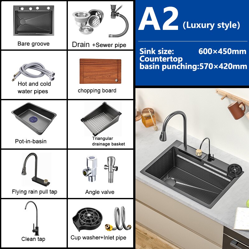 Waterfall Sink Kitchen 304 Stainless Steel Large Single Slot Modern Multifuctional Workstation With