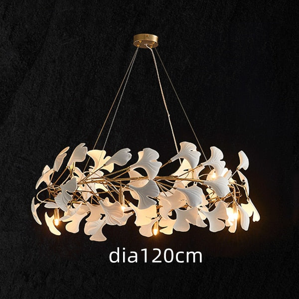 Modern Ceramic Petal Chandelier Nordic Design Ginkgo Branch Leaves Copper Led Lighting Living Room