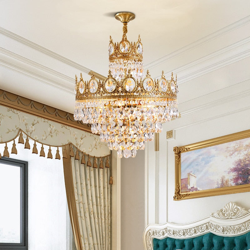 Baroque Royal Crown Crystal Pendant Lamp - Elegant Gold Hanging Light For Living And Dining Rooms