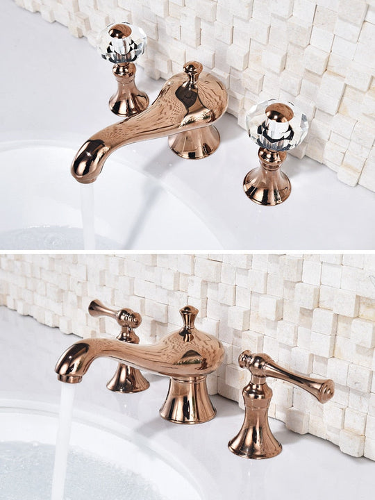 New Basin Faucet Bathroom Widespread Three Holes 8 Inch Brass Water Mixer Tap Gold Black Water Sink