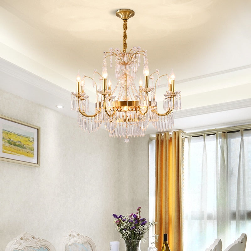 European Classical Design Living Room Decoration Pendant Light Led Crystal Brass Chandeliers