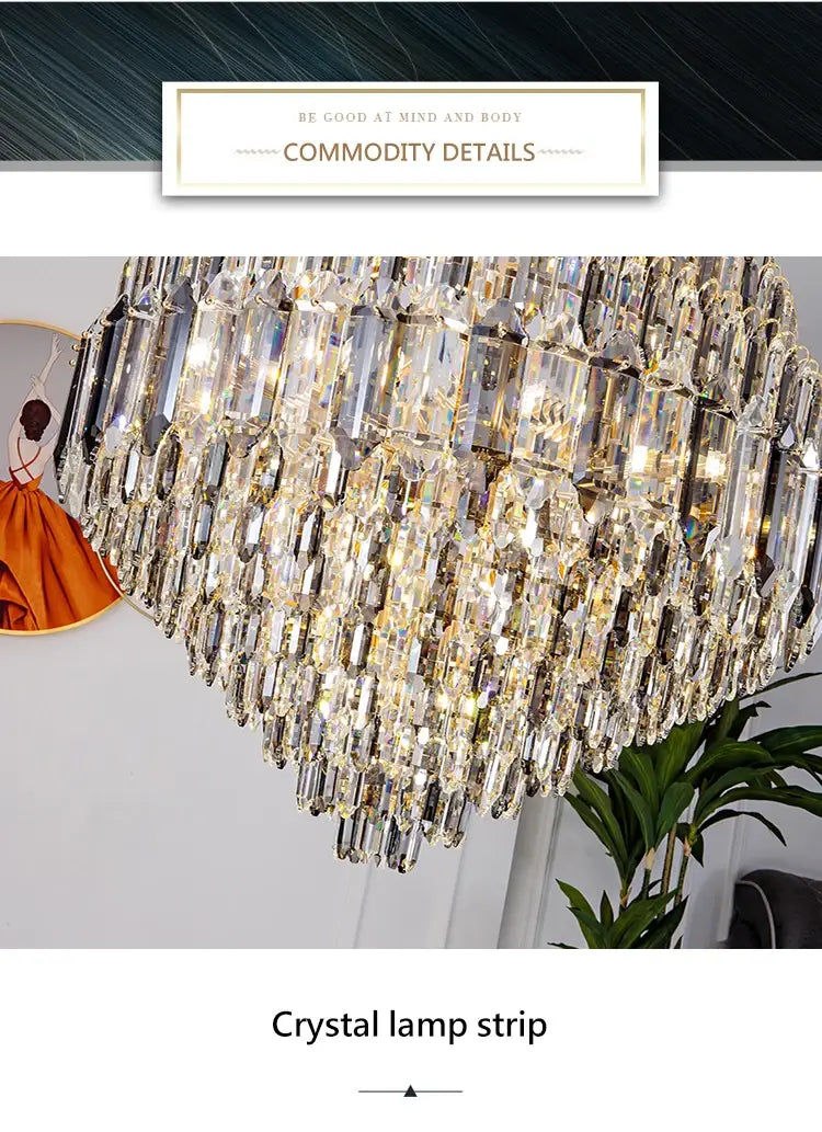Large Chandelier Indoor Decorative Luxurious Golden Amber Crystal Long Chain Lamp For Lobby Villa