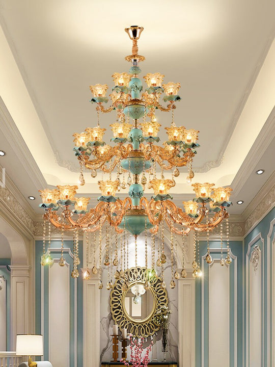 European - Style Duplex Building Chandelier Crystal Lamp Living Room Hotel Ceramic Three - Story