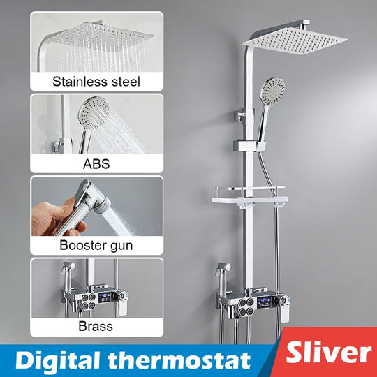 Bathroom Shower Set Black Gold Rain Faucet Thermostatic Digital Display Mixer Taps Copper Systems