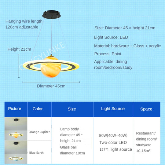 Acrylic Planet Pendant Light Children Room Space Star Led Hanging Lamp Retro Earth Ball Home Decor