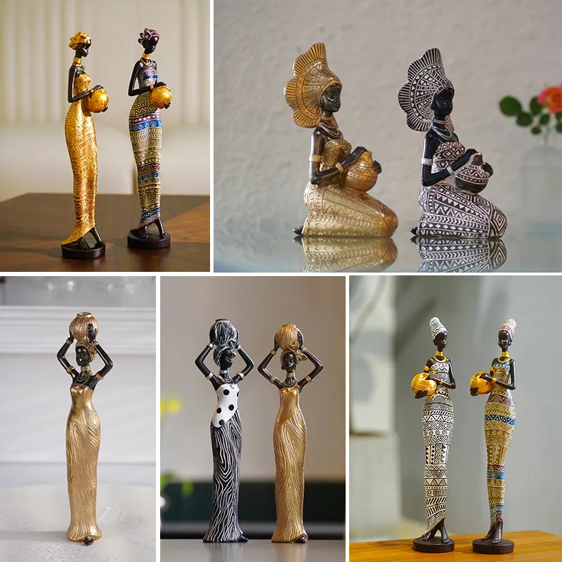 Resin Painted Black Statue Decor Figurines Retro African Women Holding Pottery Pots Home Bedroom