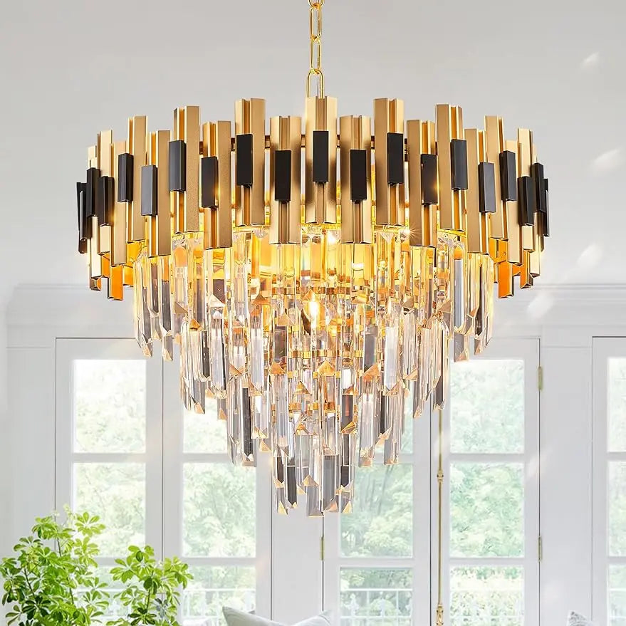 Crystal Chandeliers Black And Gold Large 20” Round Chandelier For Dining Room Luxury Ceiling