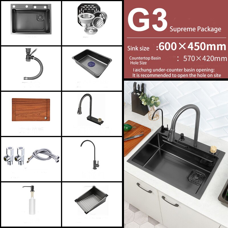 New Black Nanometer 304 Stainless Steel Waterfall Kitchen Sink 3Mm Thickness Large Single Slot