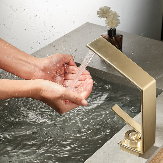 Brushed Gold Bathroom Faucet Basin Grey Water Waterfall Sink Tap Faucets