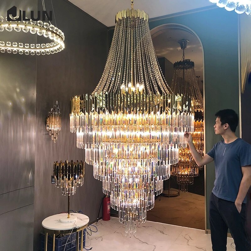 Luxury Long Large Stair K9 Crystal Chandelier Lustres De Cristal Led Pendant Light Hotel Villa