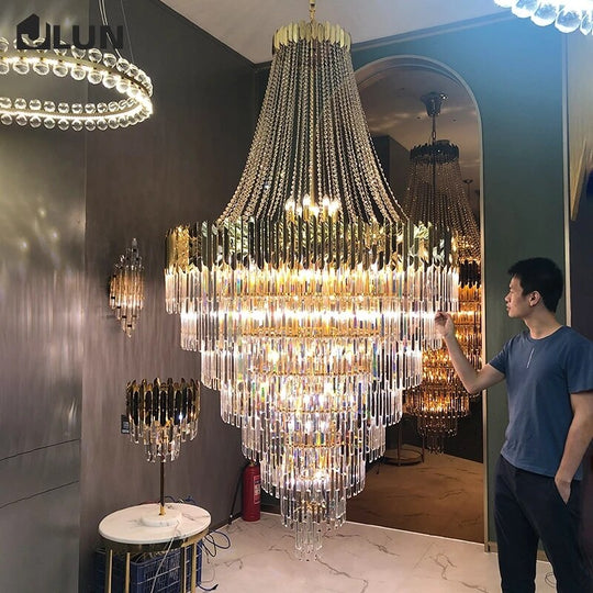 Luxury Long Large Stair K9 Crystal Chandelier Lustres De Cristal Led Pendant Light Hotel Villa