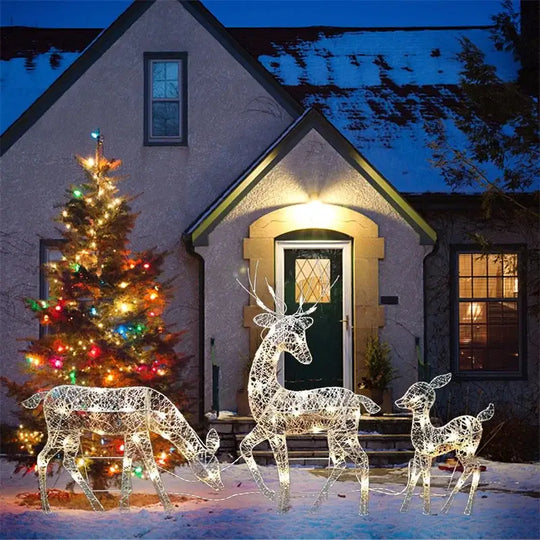 Iron Art Elk Deer Christmas Garden Decoration With Led Light Glowing Glitter Reindeer Xmas Home