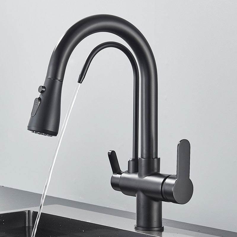 Matte Black Filtered Crane For Kitchen Pull Out Spray 360 Rotation Water Filter Tap Three Ways Sink