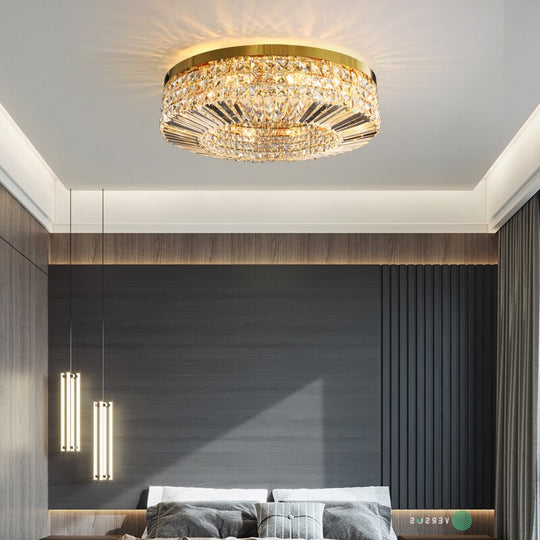 Modern Round Crystal Golden Ceiling Lamp - Stainless Steel Led E14 Luminaire For Dining Room