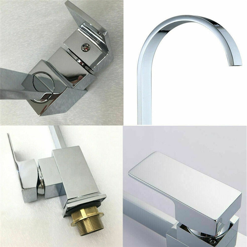 Stainless Steel Kitchen Faucet Single Square Flat Tube Hole Hot And Cold Sink Mixer Tap 360 Degree