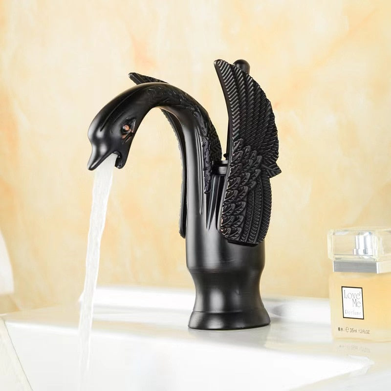 Luxury Bathroom Faucet Basin Vintage Full Copper Hot And Cold Water Swan Shaped Single Handle Black