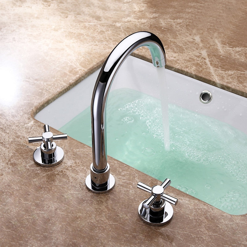 Two Handle Bathroom Faucet 3 Hole 8 Inch Basin Faucets Lavatory Sink With Hose Chrome High Arc