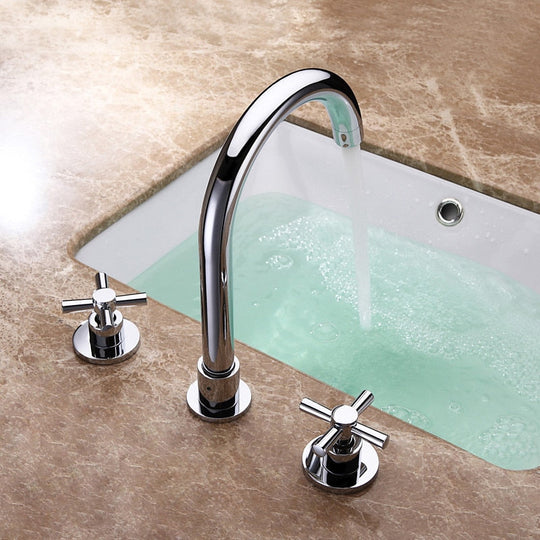 Two Handle Bathroom Faucet 3 Hole 8 Inch Basin Faucets Lavatory Sink With Hose Chrome High Arc