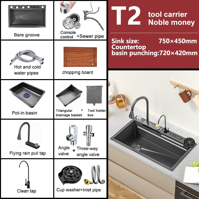 Waterfall Sink Kitchen 304 Stainless Steel Large Single Slot Modern Multifuctional Workstation With