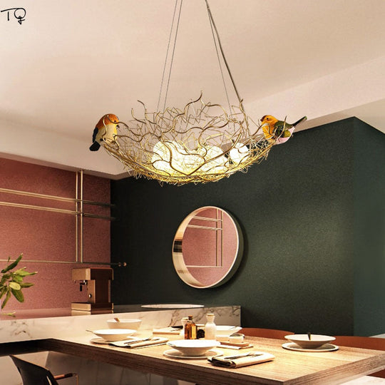 Post - Modern Individual Lovely Bird Nest Led Pendant Light Iron Art Hanging Lamp Animal Dining