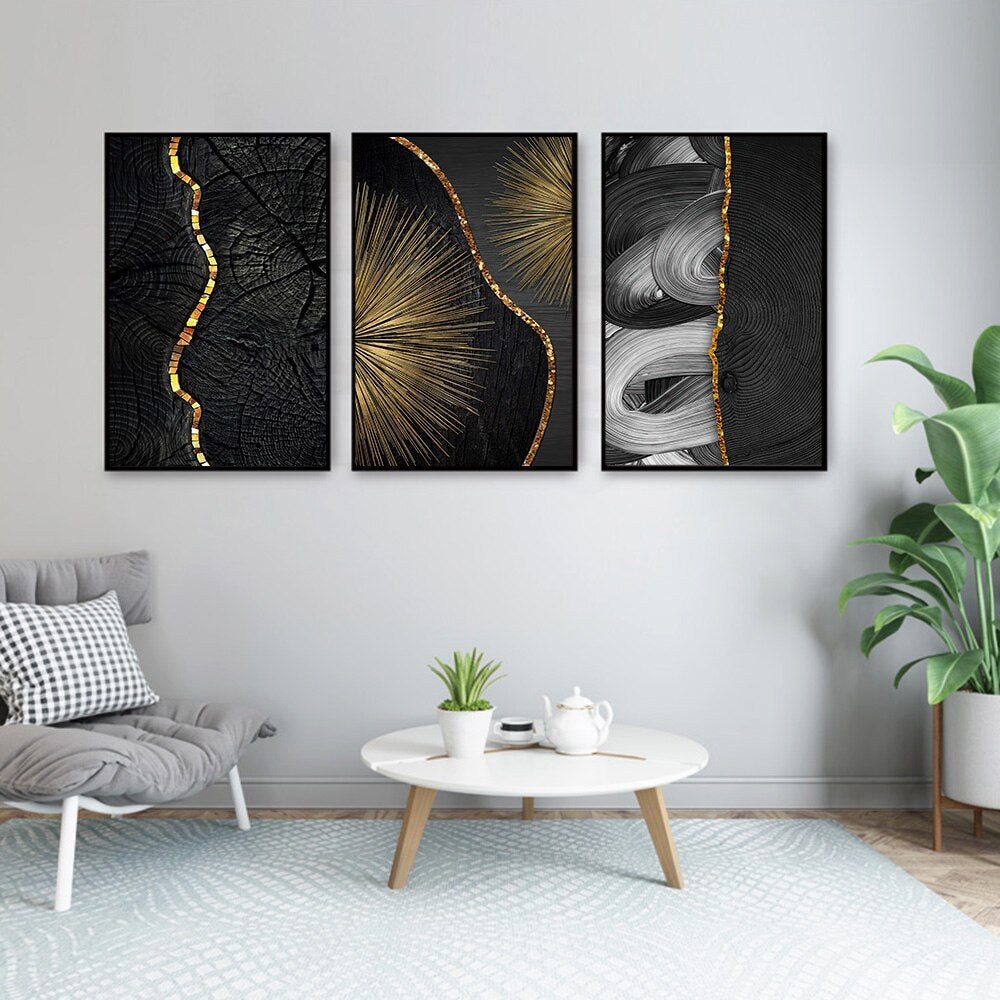 Golden Black Wood Texture Canvas Art - Modern Nordic Decor For Living Room