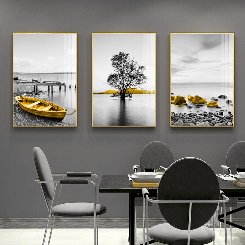 Lake Pier Landscape Canvas - Golden Boat Nordic Poster For Home Decor Printings