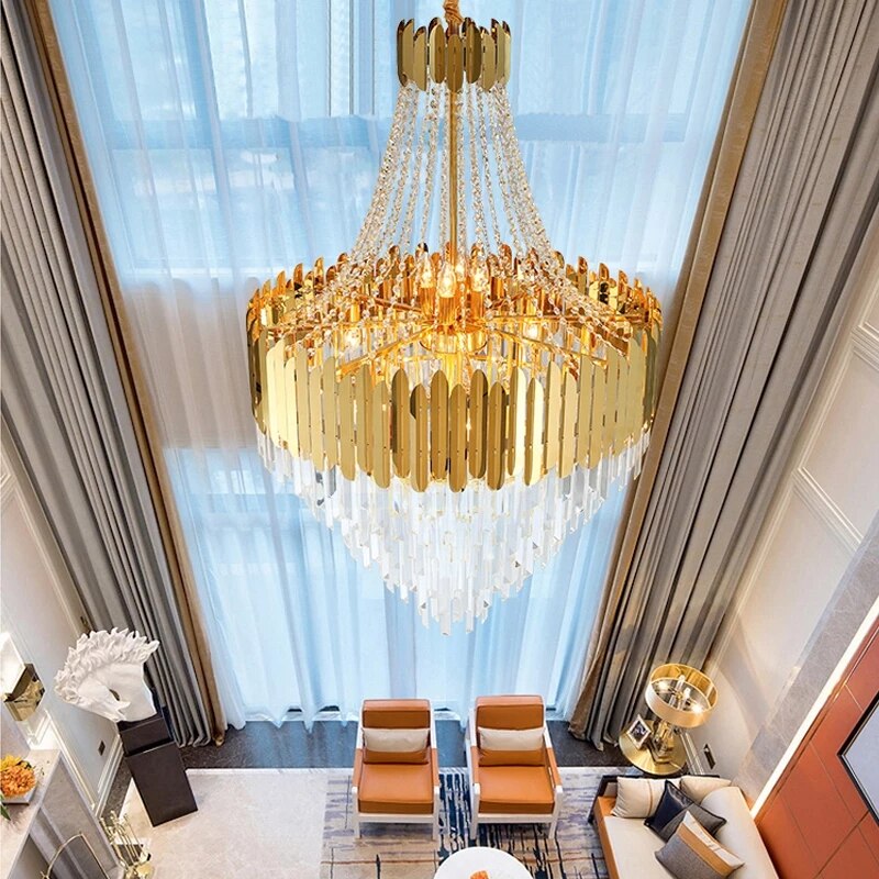 Luxury Long Large Stair K9 Crystal Chandelier Lustres De Cristal Led Pendant Light Hotel Villa