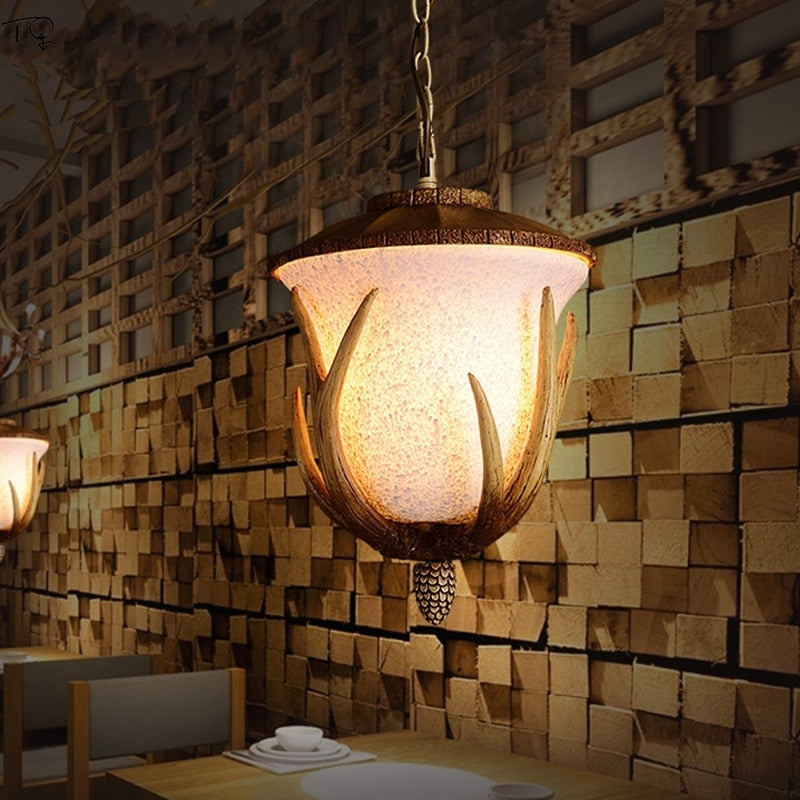 American Country Retro Pine Cone Resin Antler Pendant Light Atmosphere Vintage Hanging Lamp Bedside