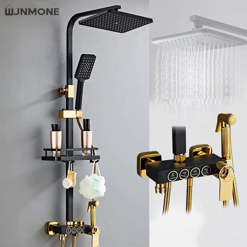 Bathroom Shower Set Black Gold Rain Faucet Thermostatic Digital Display Mixer Taps Copper Systems