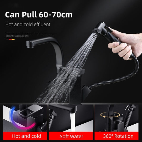 Stainless Steel Pull Out Kitchen Faucet Hot Cold Water Mixer Tap With High Pressure Sprayer 360