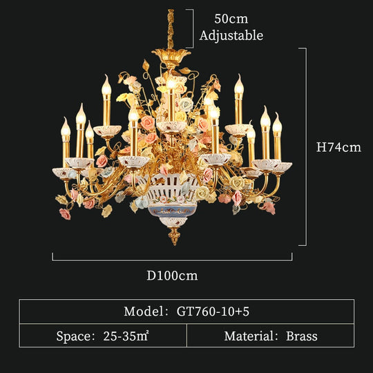 French Rose Ceramic White Chandelier Living Room Duplex Villa Classical Luxury Brass Decorative