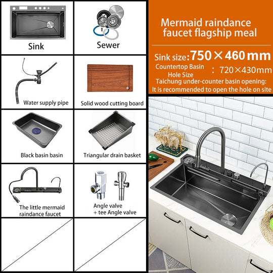 Waterfall Kitchen Sink 304 Stainless Steel Digital Display Large Single Slot Multifuctional With