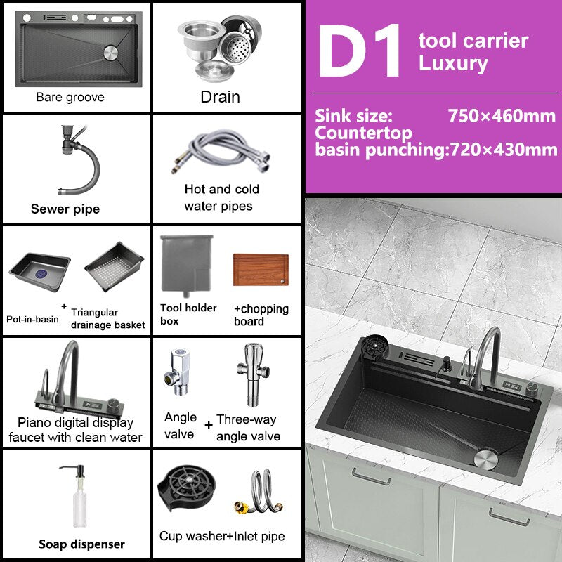 Stainless Steel Kitchen Sink Digital Display Embossed Waterfall Sink Large Single Slot