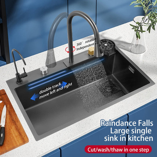 New Black Nanometer 304 Stainless Steel Waterfall Kitchen Sink 3Mm Thickness Large Single Slot