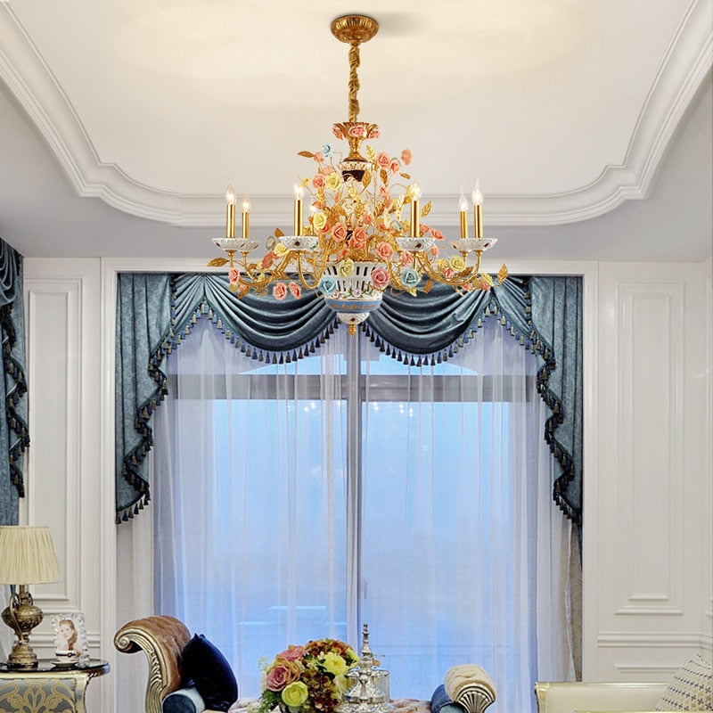 French Rose Ceramic White Chandelier Living Room Duplex Villa Classical Luxury Brass Decorative