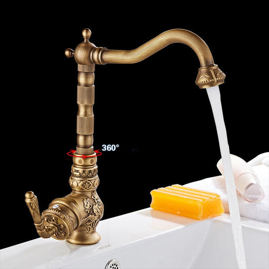 Kitchen Faucet Vintage Antique Hot Cold Rotating Bathroom Sink Carved Basin Mixer Tap Solid Brass
