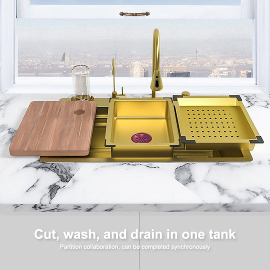 Waterfall Kitchen Sink Gold Nano 304 Stainless Steel Large Single Bowl Modern Multifuctional